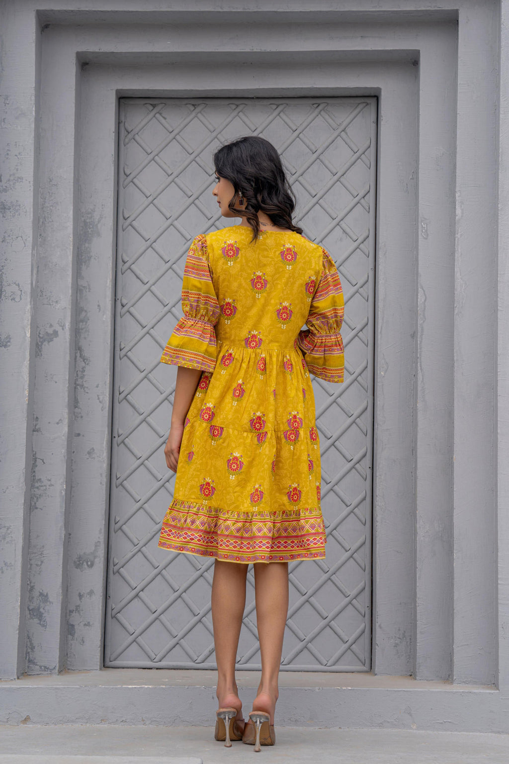 Juniper Mustard Printed Fit & Flare Dress with Tribal Border - Distacart