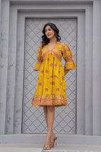 Juniper Mustard Printed Fit & Flare Dress with Tribal Border - Distacart