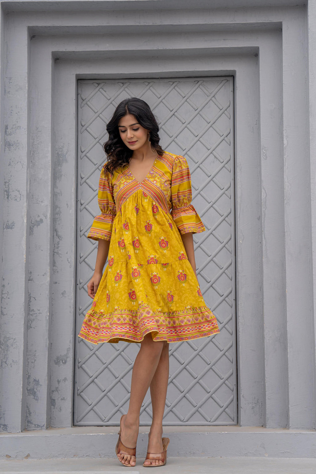 Juniper Mustard Printed Fit & Flare Dress with Tribal Border - Distacart