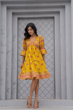 Juniper Mustard Printed Fit & Flare Dress with Tribal Border - Distacart