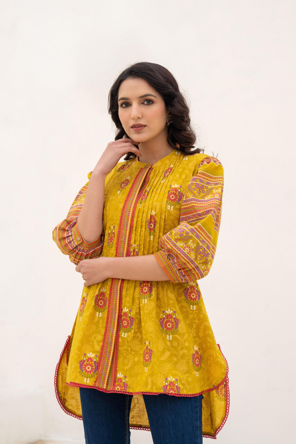 Juniper Mustard Printed Pleated Tunic with Puff Sleeves