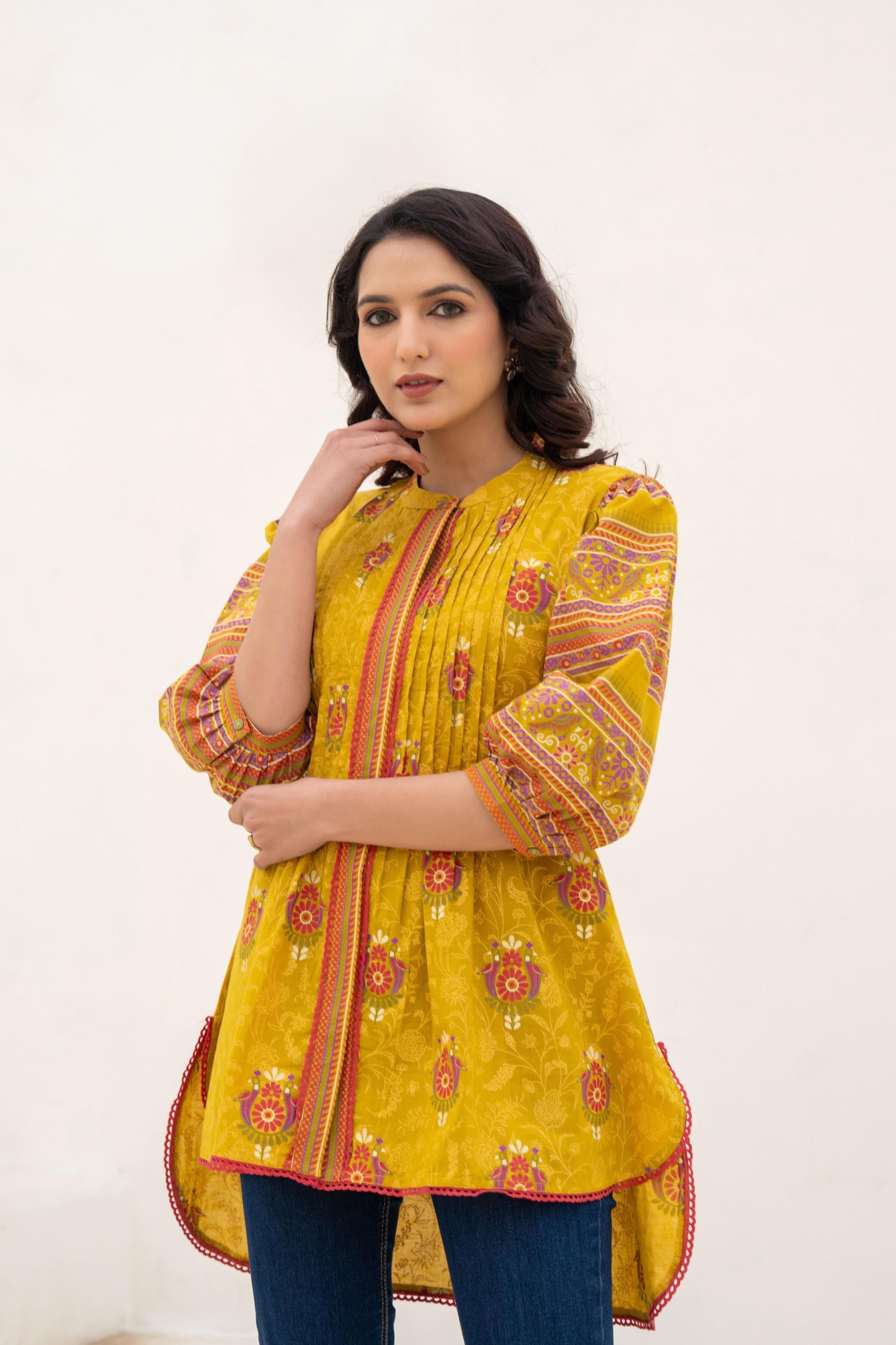 Juniper Mustard Printed Pleated Tunic with Puff Sleeves