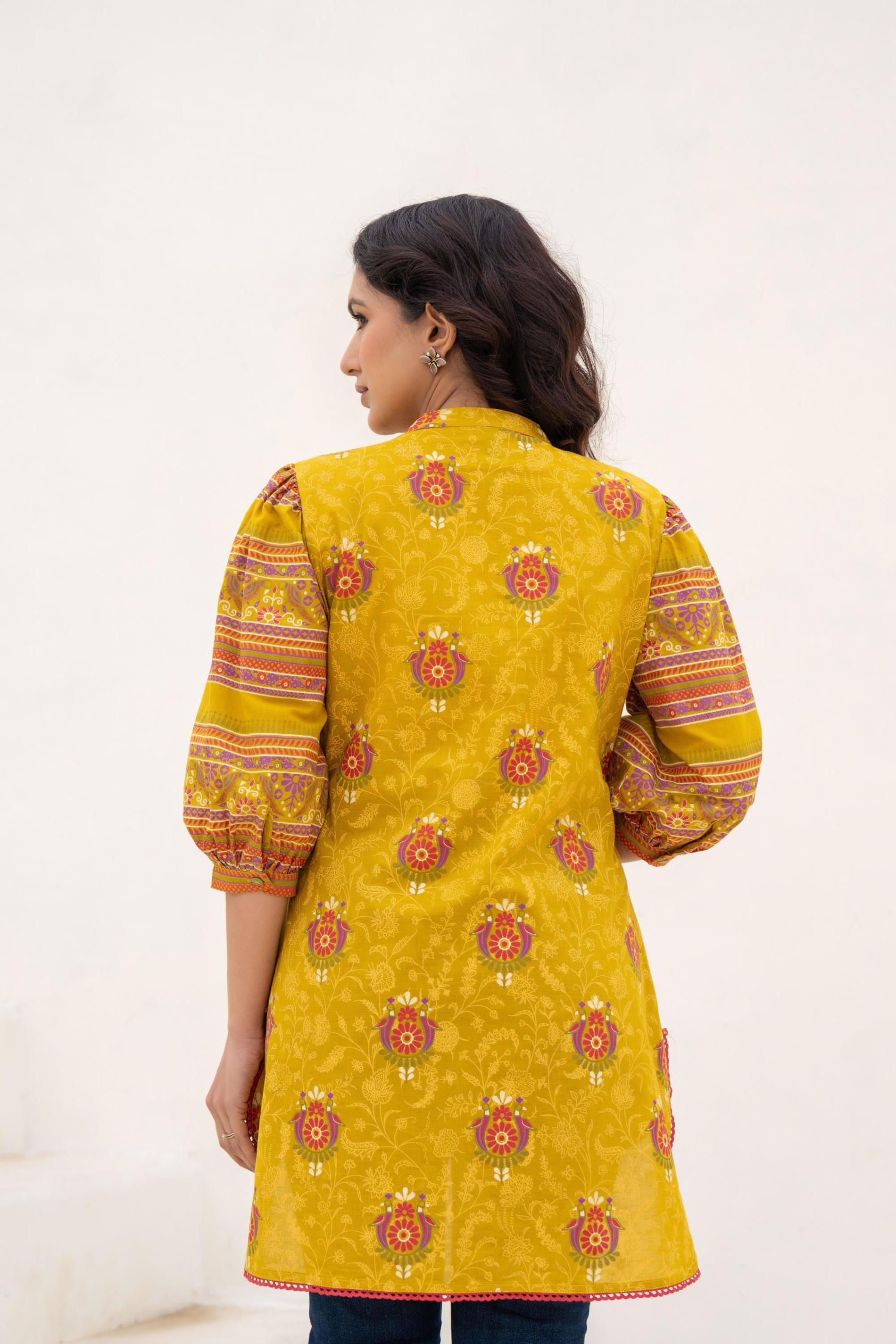 Juniper Mustard Printed Pleated Tunic with Puff Sleeves