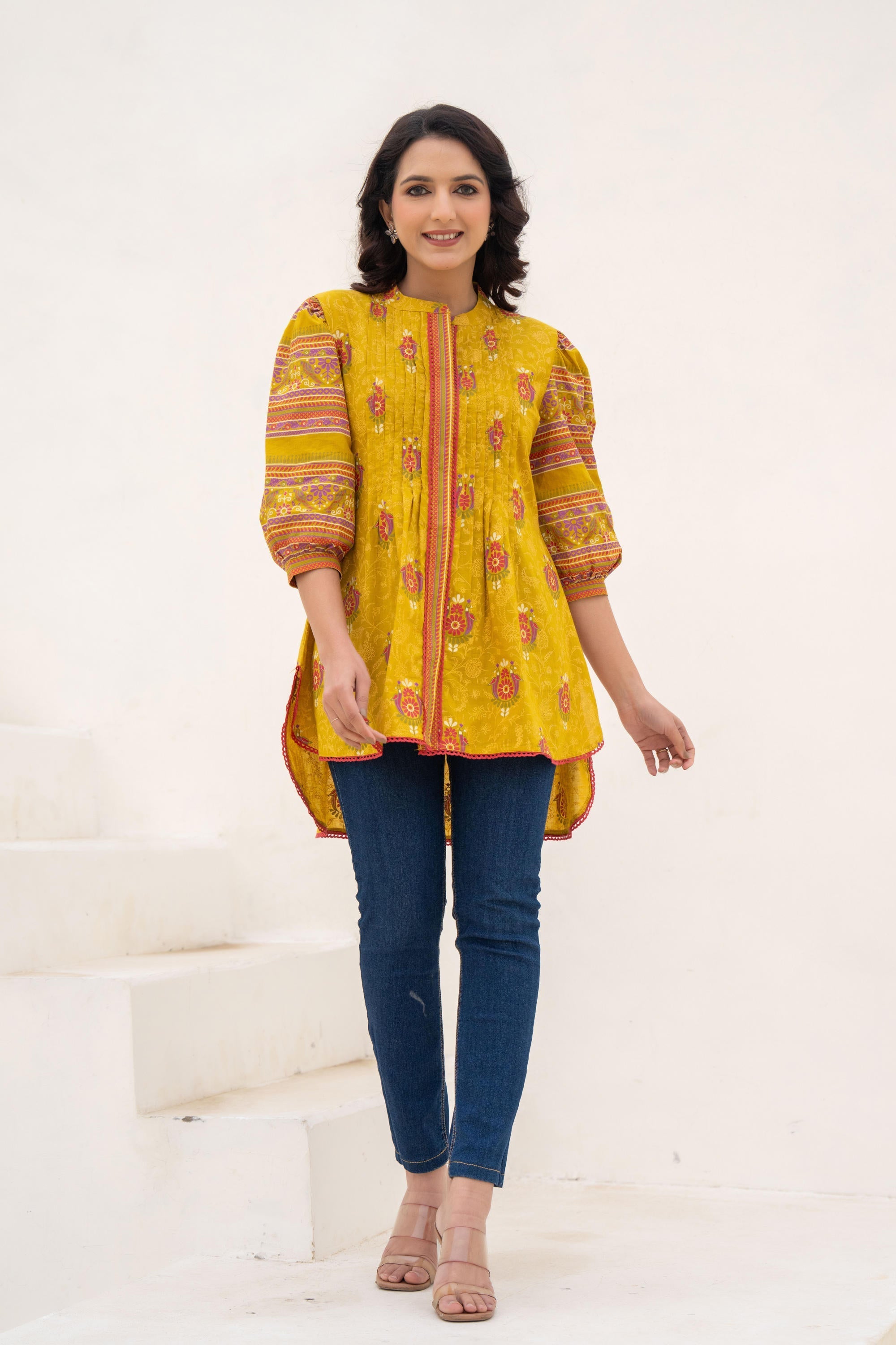Juniper Mustard Printed Pleated Tunic with Puff Sleeves