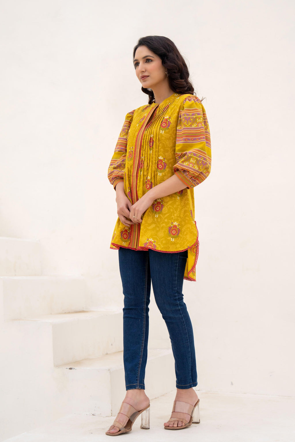 Juniper Mustard Printed Pleated Tunic with Puff Sleeves