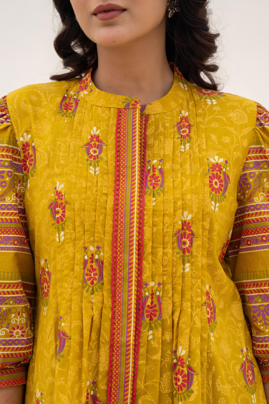 Juniper Mustard Printed Pleated Tunic with Puff Sleeves