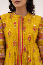 Juniper Mustard Printed Pleated Tunic with Puff Sleeves