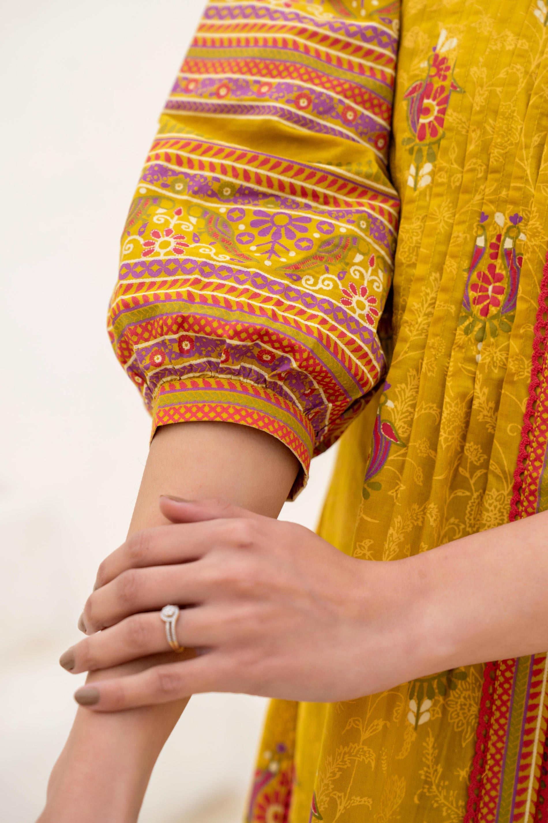 Juniper Mustard Printed Pleated Tunic with Puff Sleeves
