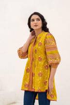 Juniper Mustard Printed Pleated Tunic with Puff Sleeves
