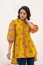 Juniper Mustard Printed Pleated Tunic with Puff Sleeves