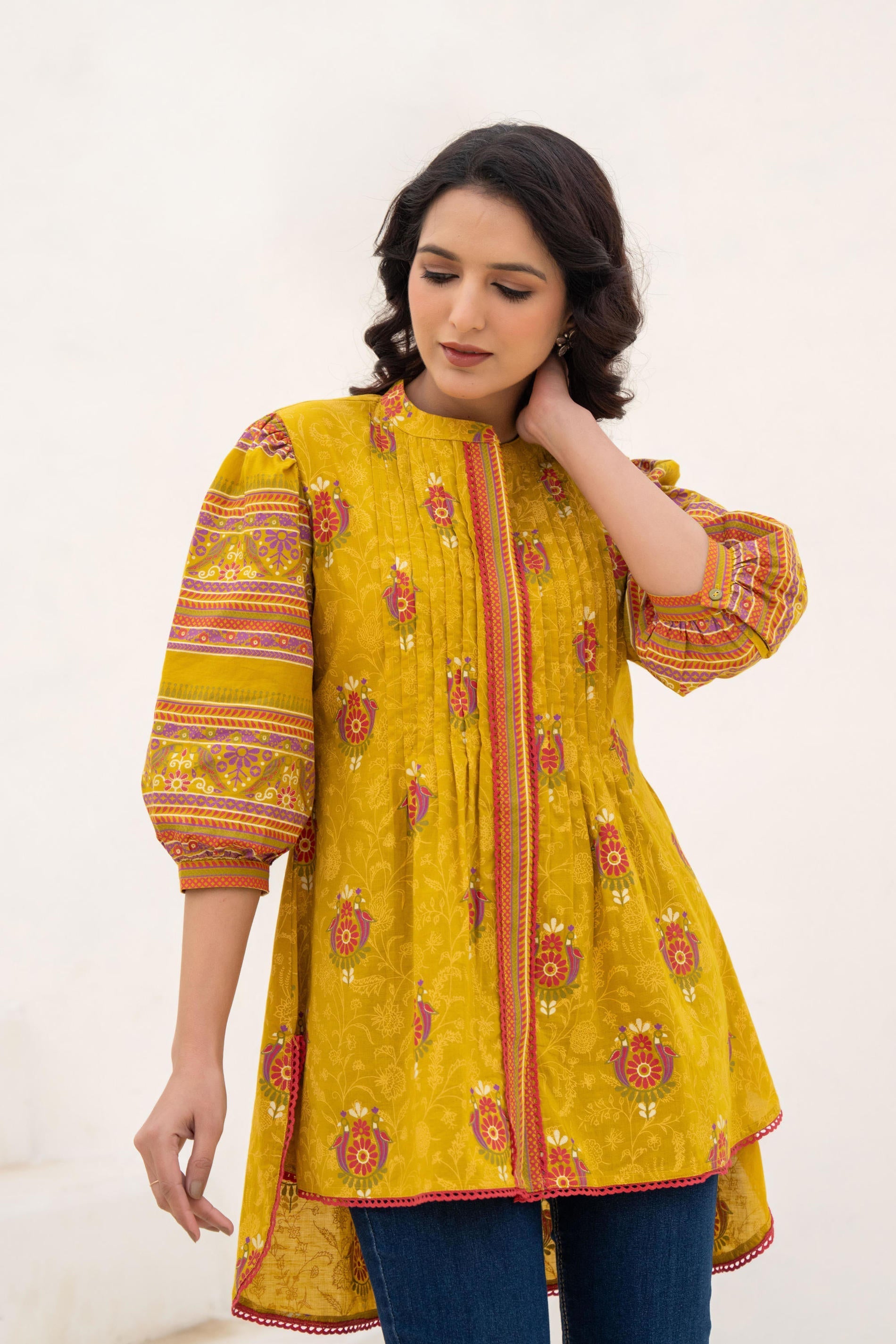 Juniper Mustard Printed Pleated Tunic with Puff Sleeves