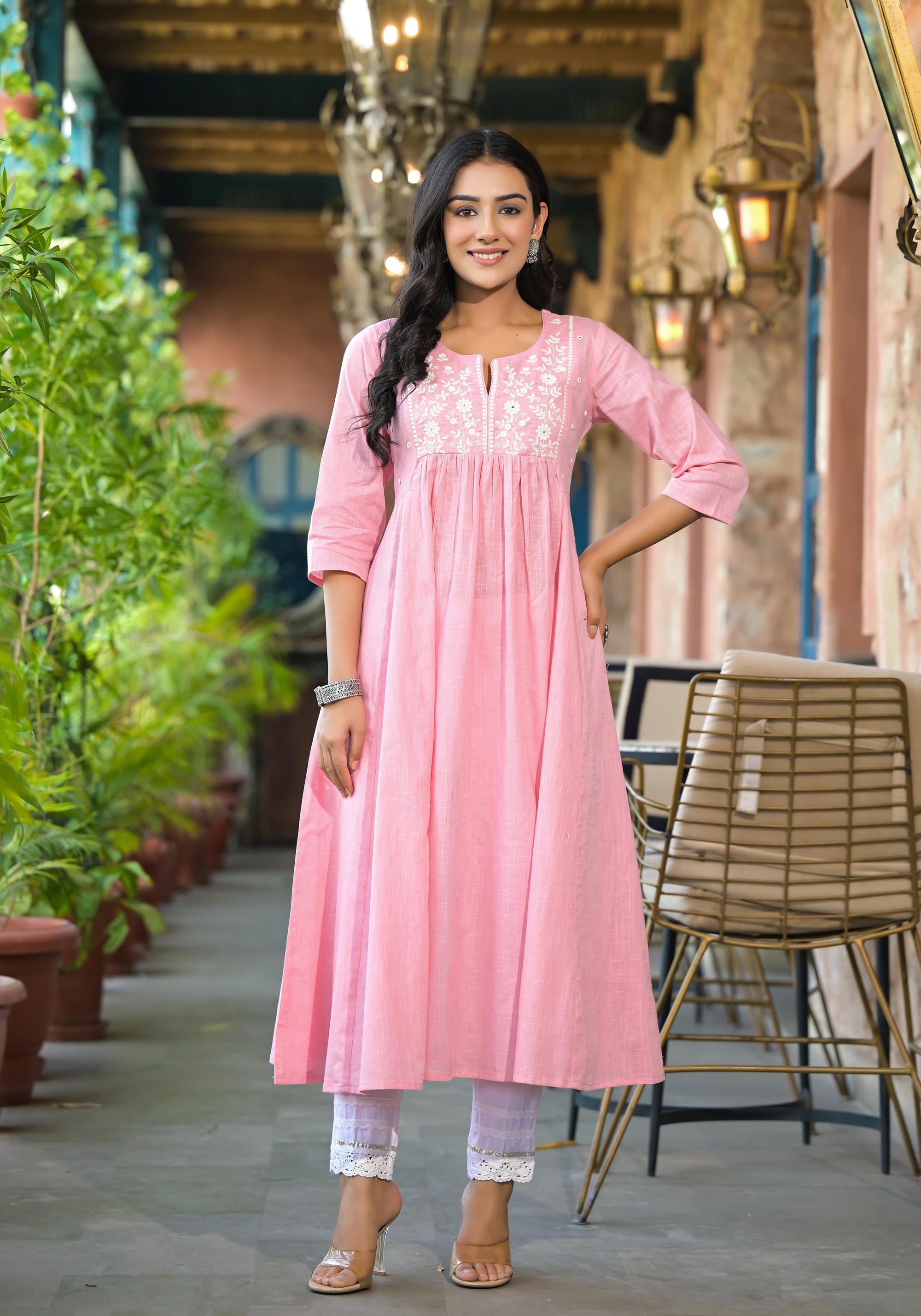 Juniper Onion Pink Solid Cotton Kurta With Thread Embroidery - Distacart