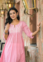 Juniper Onion Pink Solid Cotton Kurta With Thread Embroidery - Distacart