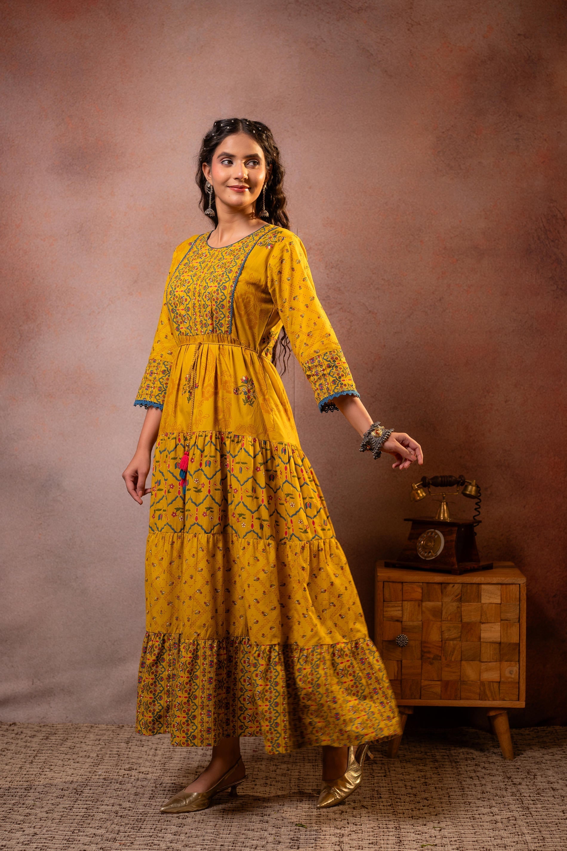 Juniper Rangriti Noor Mustard Handcrafted Boho Dress - Distacart