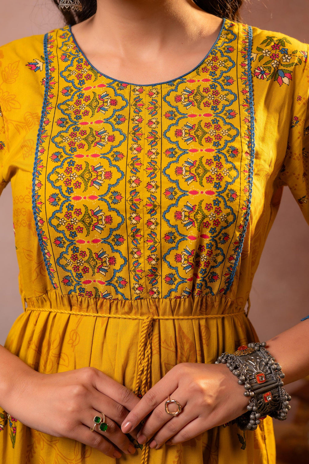 Juniper Rangriti Noor Mustard Handcrafted Boho Dress - Distacart