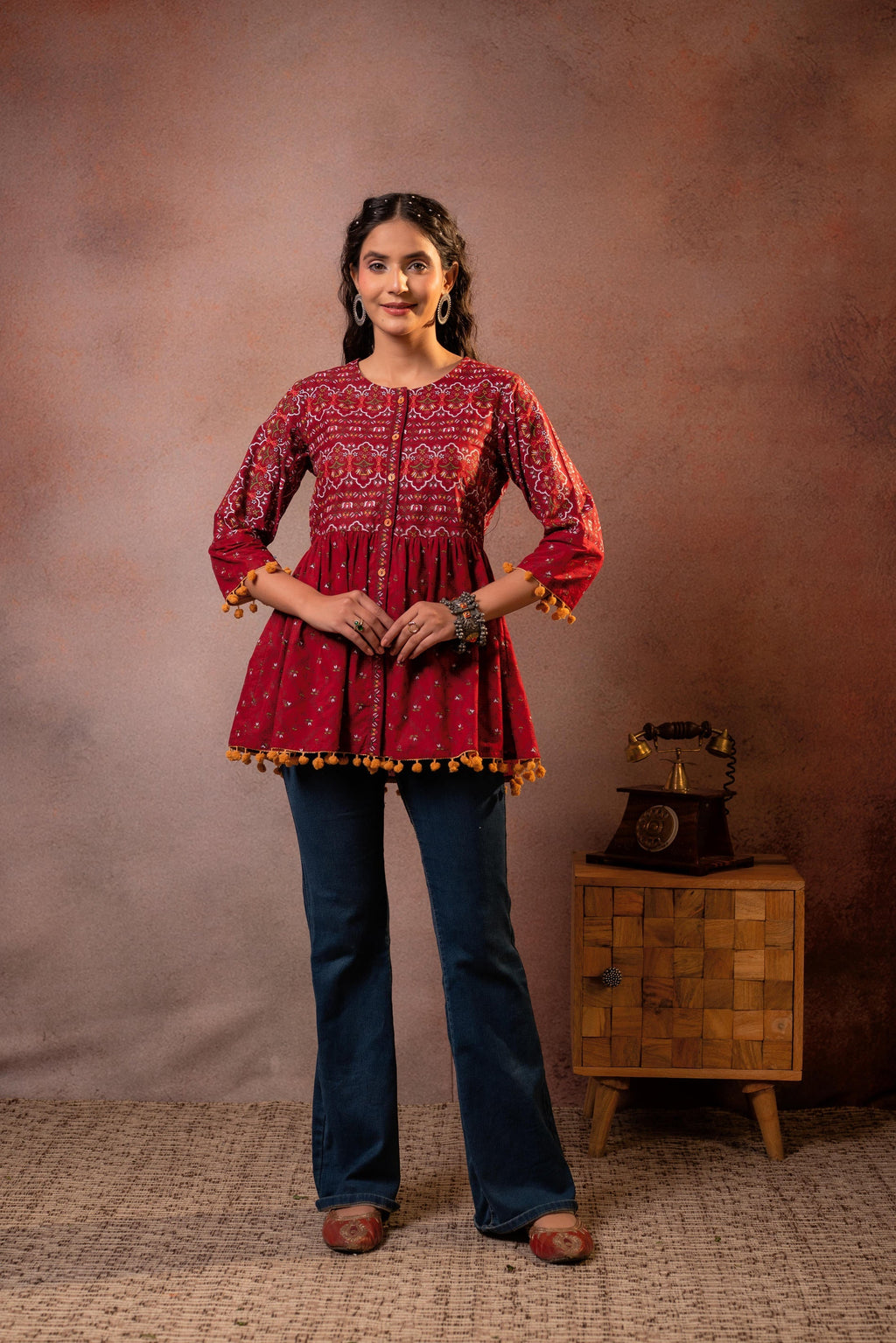 Juniper Rust Red Maroon Printed Ethnic Tunic with Tassel,pompom Details