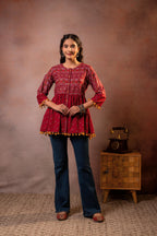 Juniper Rust Red Maroon Printed Ethnic Tunic with Tassel,pompom Details