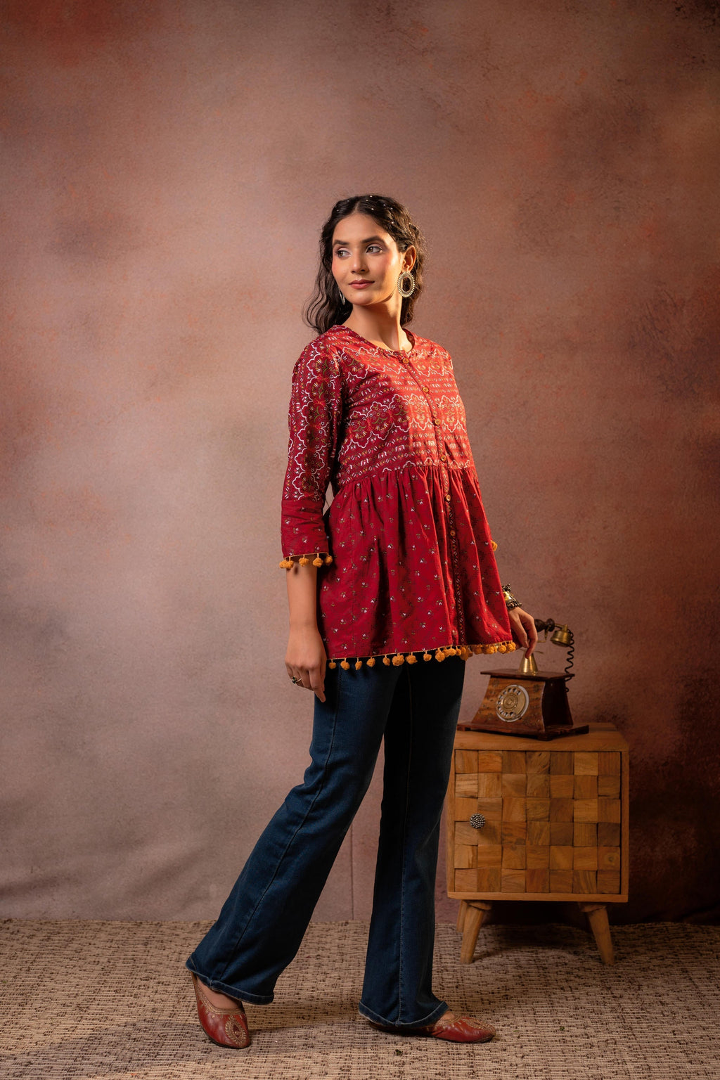 Juniper Rust Red Maroon Printed Ethnic Tunic with Tassel,pompom Details