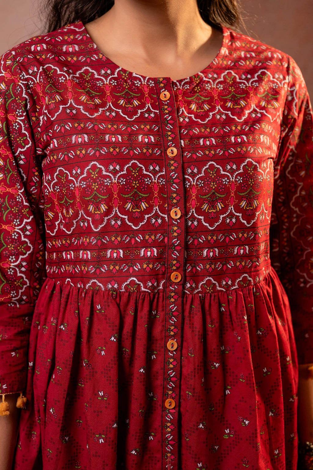 Juniper Rust Red Maroon Printed Ethnic Tunic with Tassel,pompom Details
