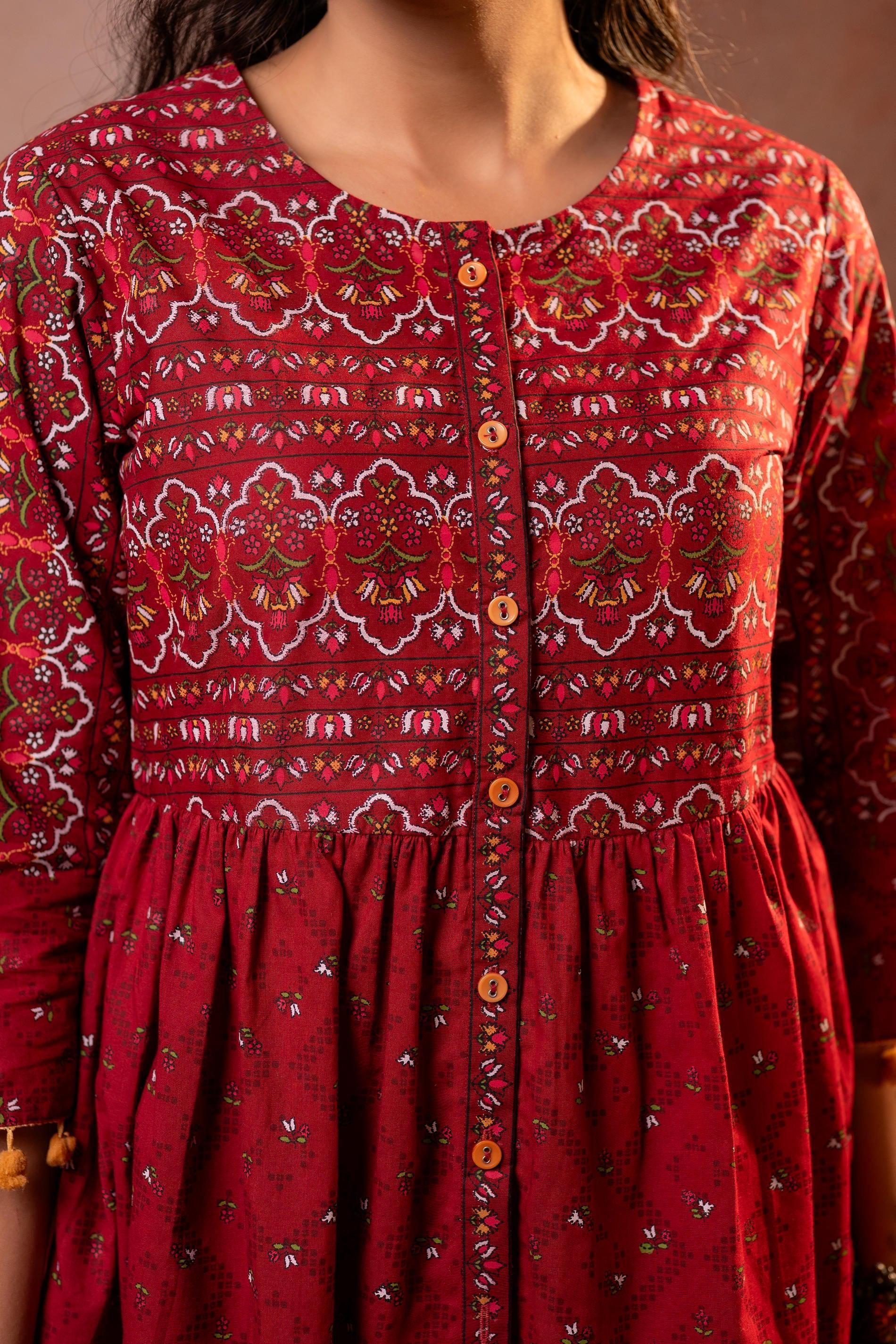 Juniper Rust Red Maroon Printed Ethnic Tunic with Tassel,pompom Details