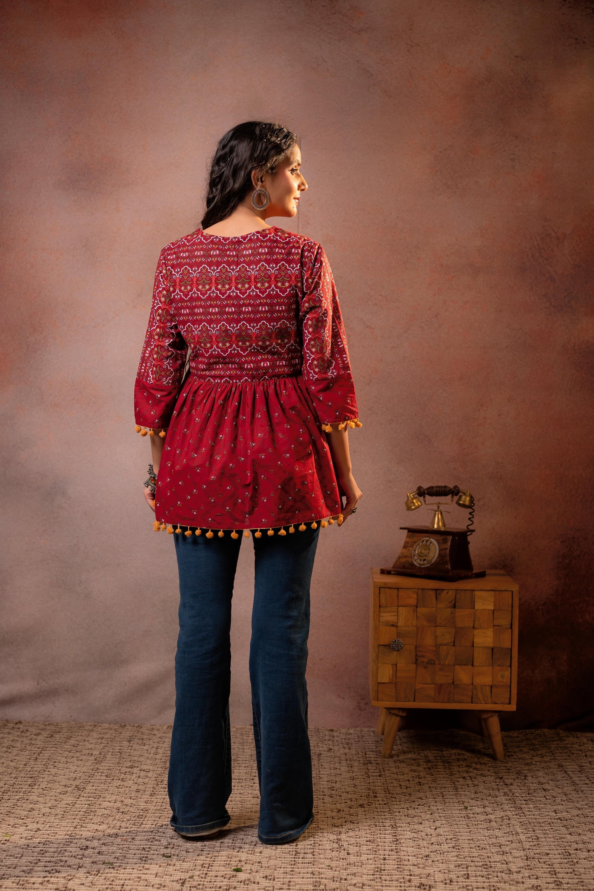Juniper Rust Red Maroon Printed Ethnic Tunic with Tassel,pompom Details