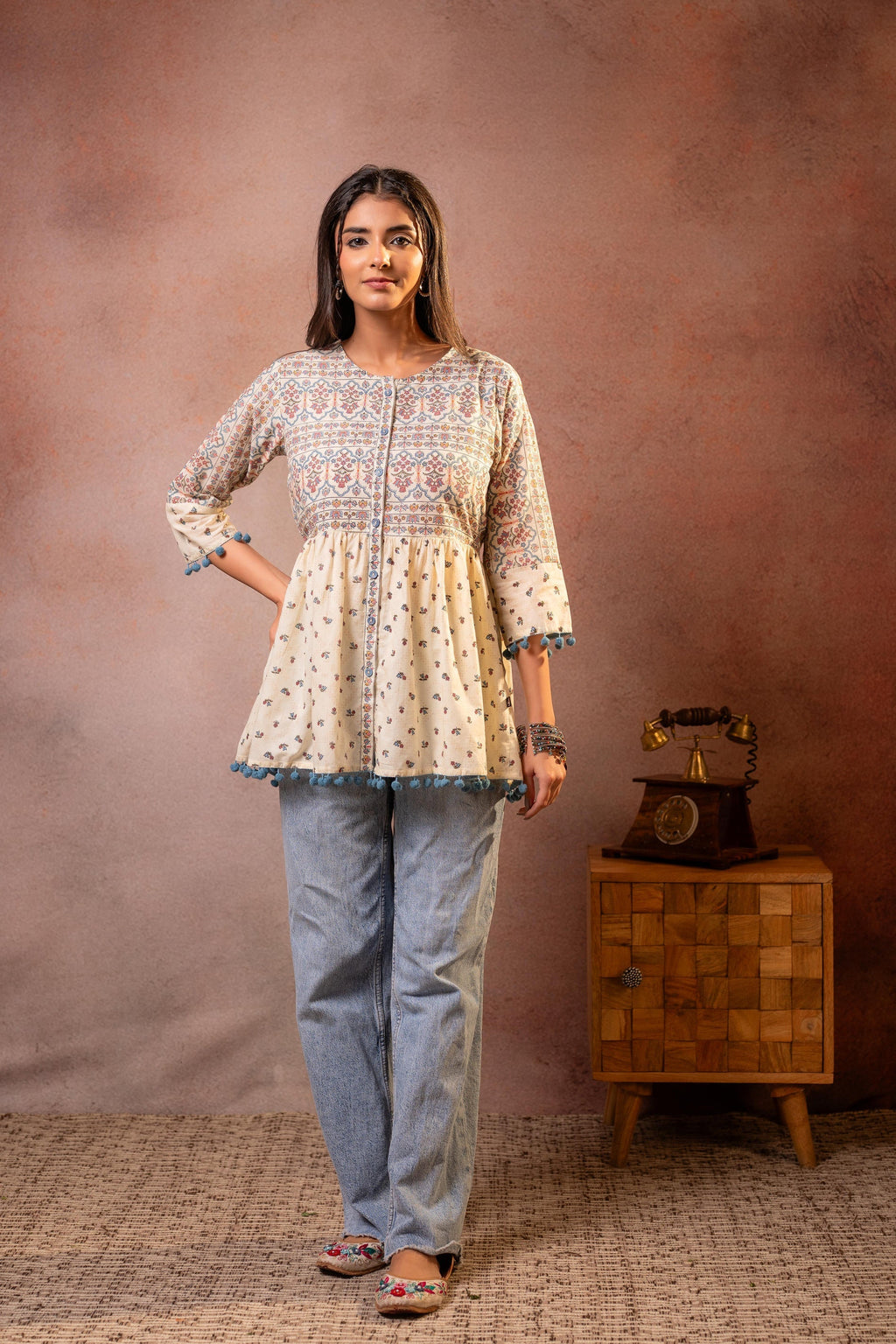 Juniper Off-White Printed Ethnic Tunic with Tassel,pompom Details