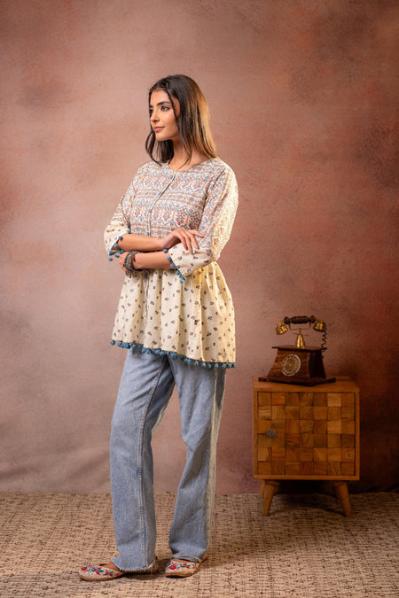 Juniper Off-White Printed Ethnic Tunic with Tassel,pompom Details