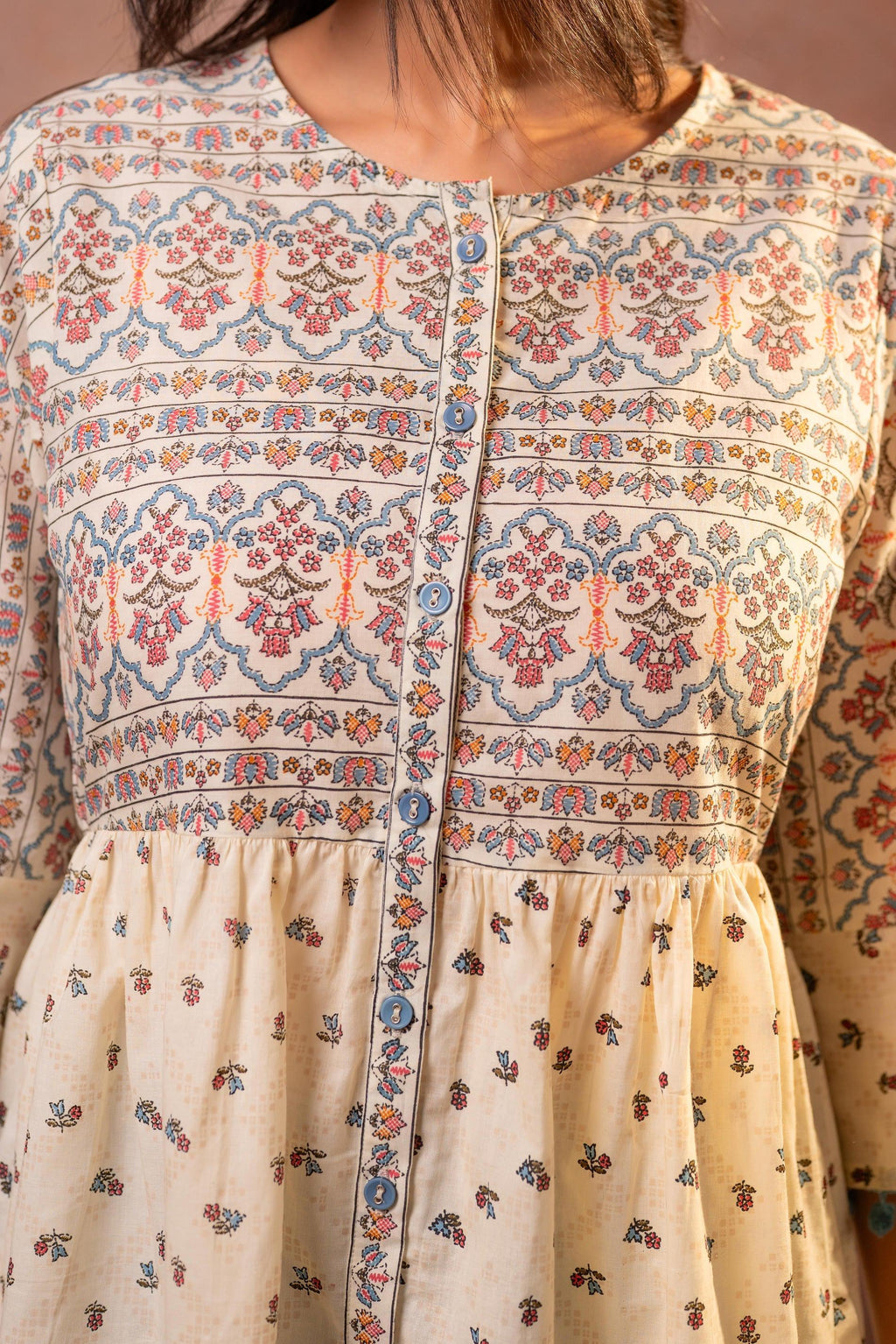 Juniper Off-White Printed Ethnic Tunic with Tassel,pompom Details