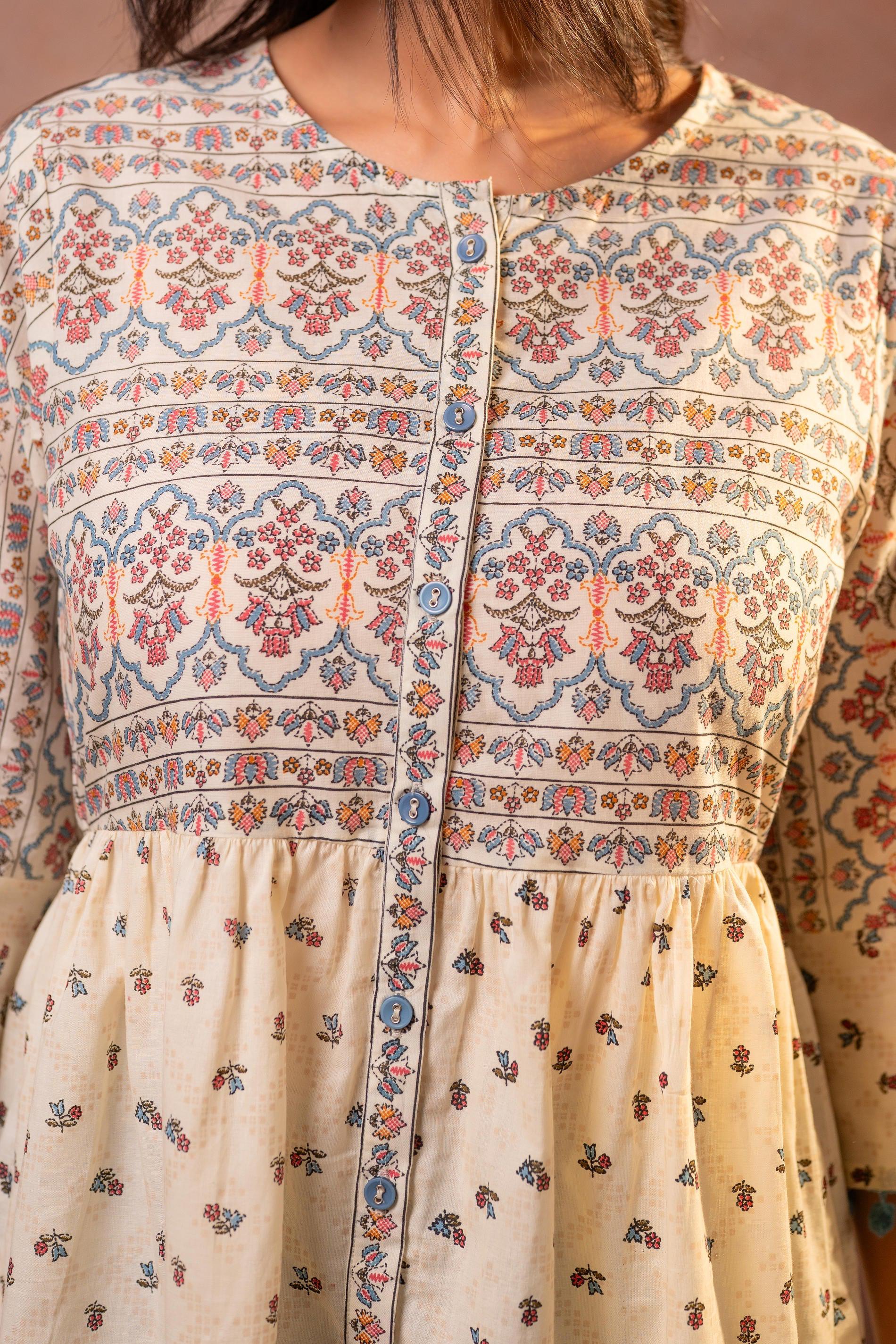 Juniper Off-White Printed Ethnic Tunic with Tassel,pompom Details