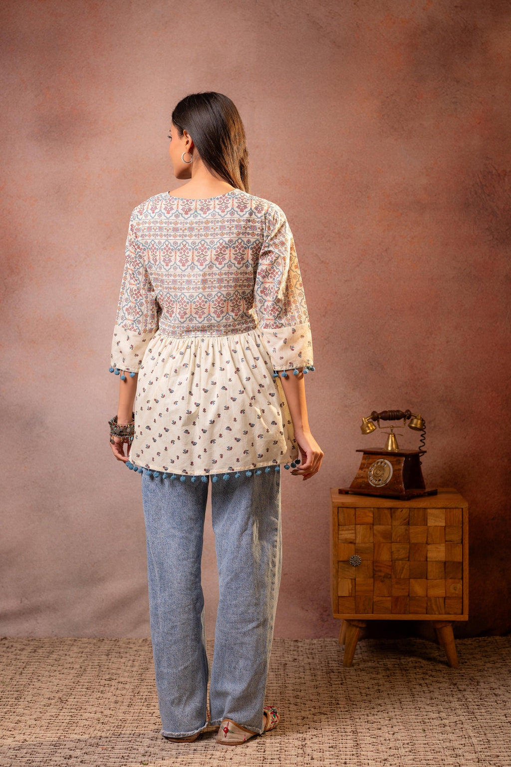 Juniper Off-White Printed Ethnic Tunic with Tassel,pompom Details
