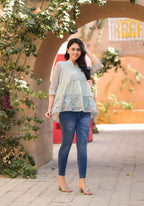 Juniper Pista Green Floral Printed Cotton Gathered Tunic