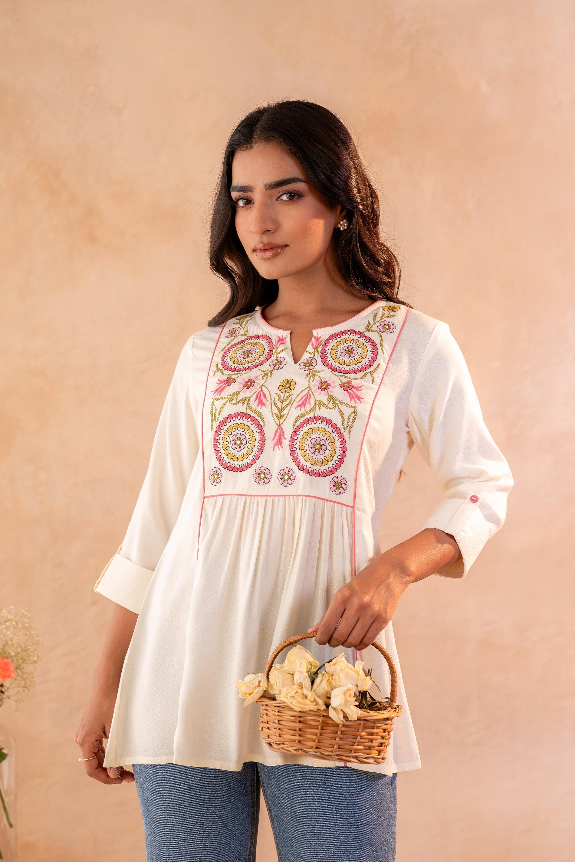 Juniper Off-White Printed Yoke Flared Ethnic Tunic