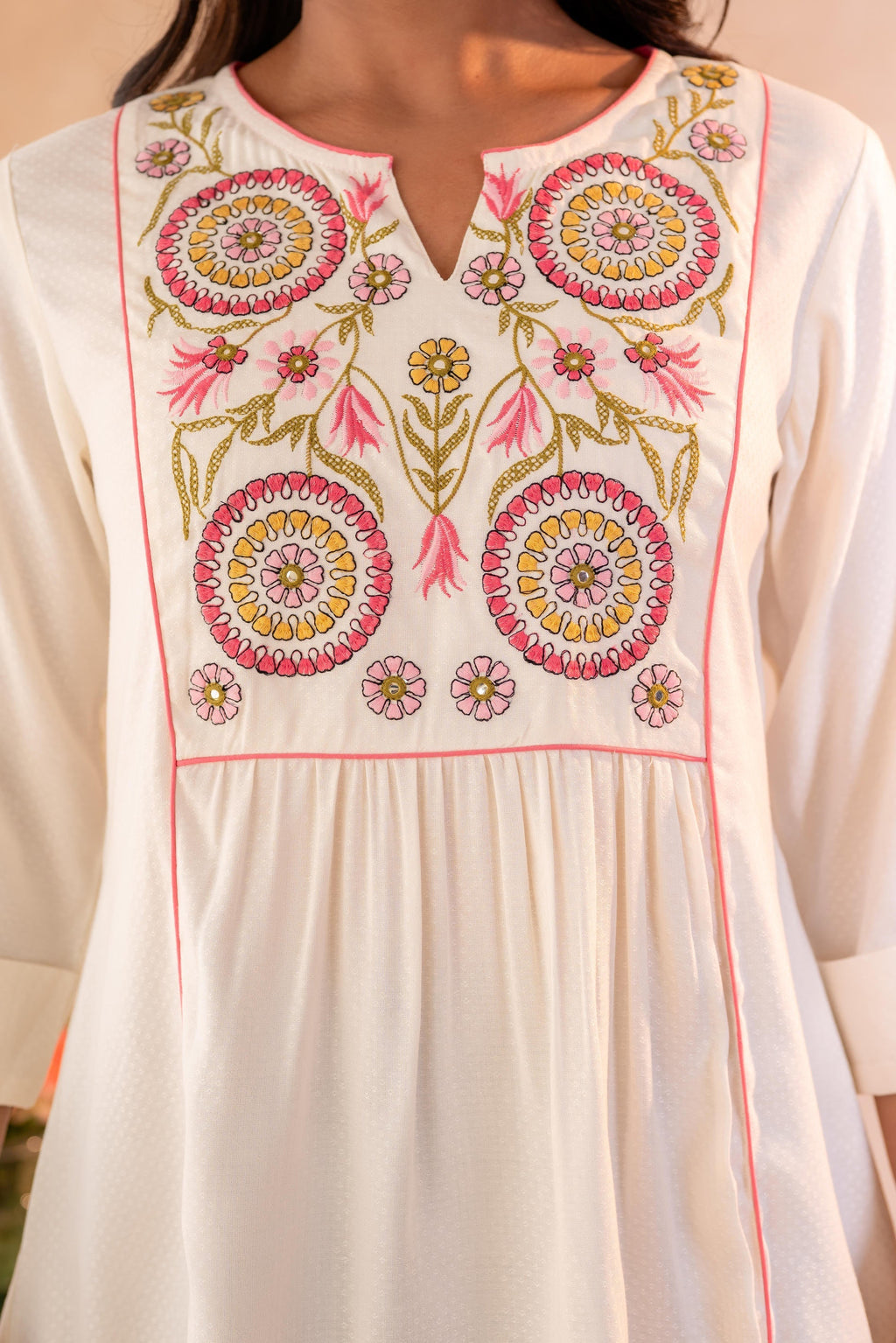 Juniper Off-White Printed Yoke Flared Ethnic Tunic
