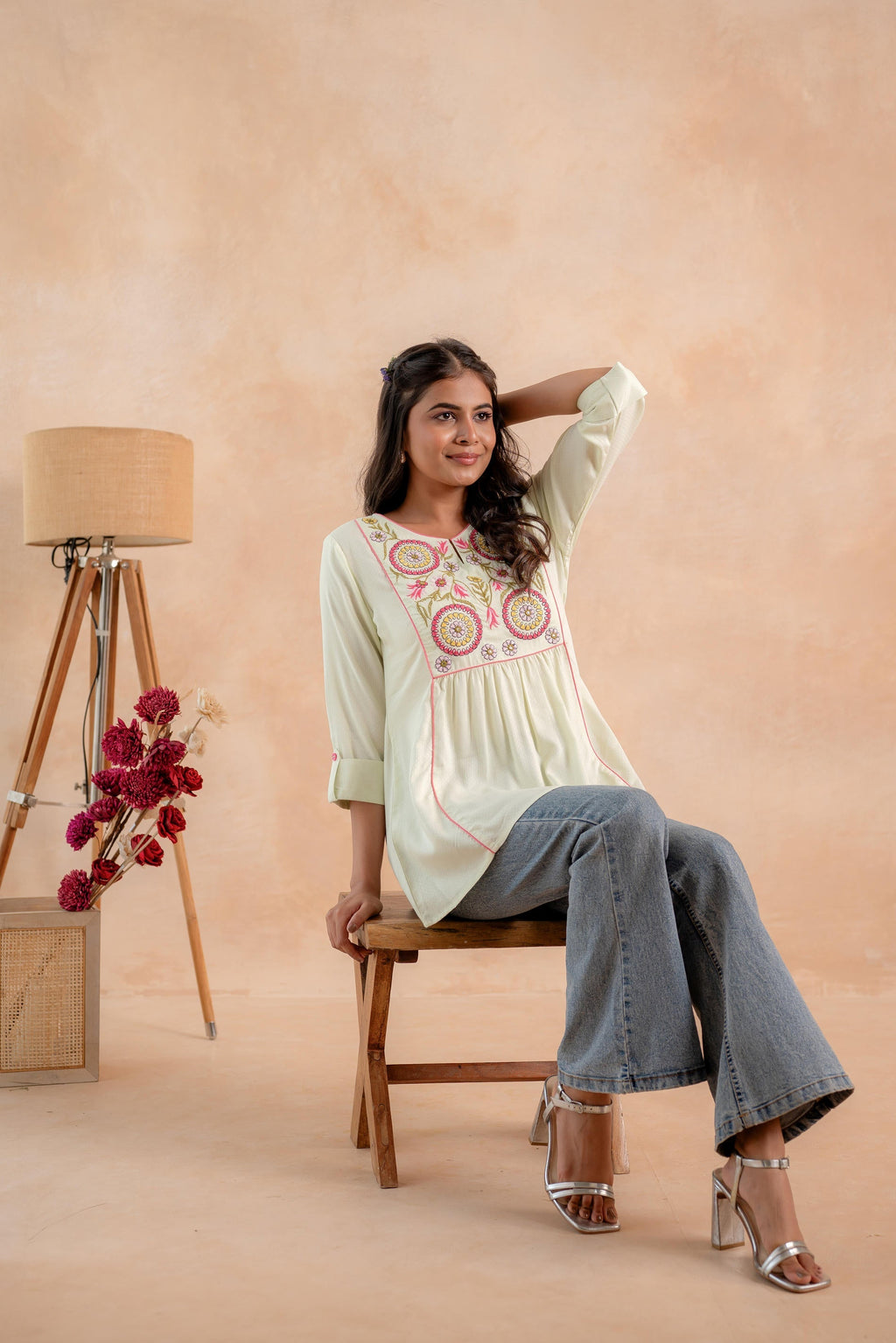 Juniper Pistagreen Printed Yoke Flared Ethnic Tunic