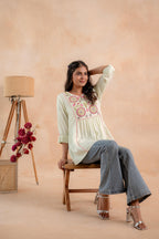 Juniper Pistagreen Printed Yoke Flared Ethnic Tunic