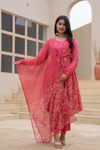 Juniper Fuchsia Embroidered & Printed Layered Dress Set with Dupatta - Distacart