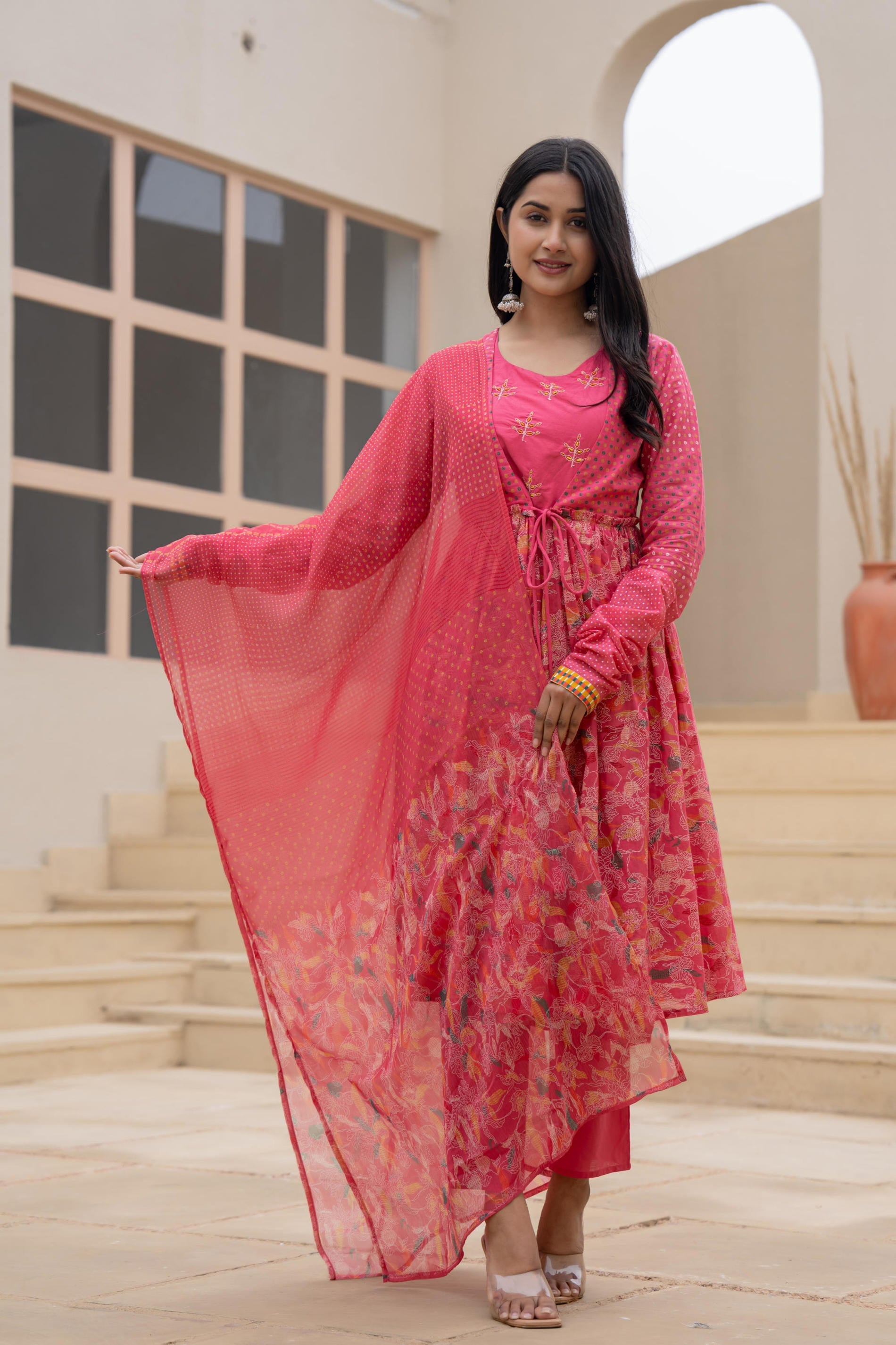 Juniper Fuchsia Embroidered & Printed Layered Dress Set with Dupatta - Distacart