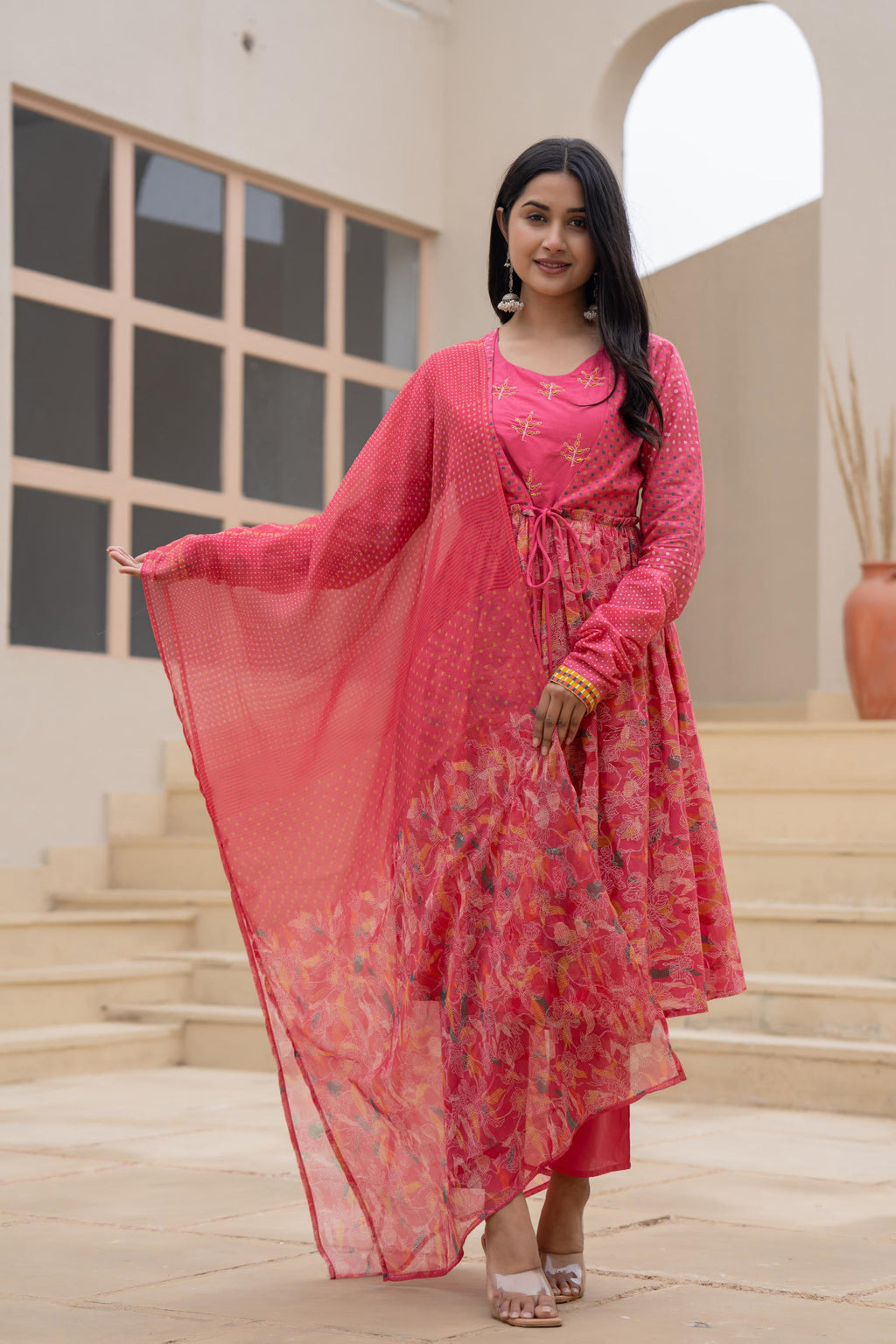 Juniper Fuchsia Embroidered & Printed Layered Dress Set With Dupatta - Distacart