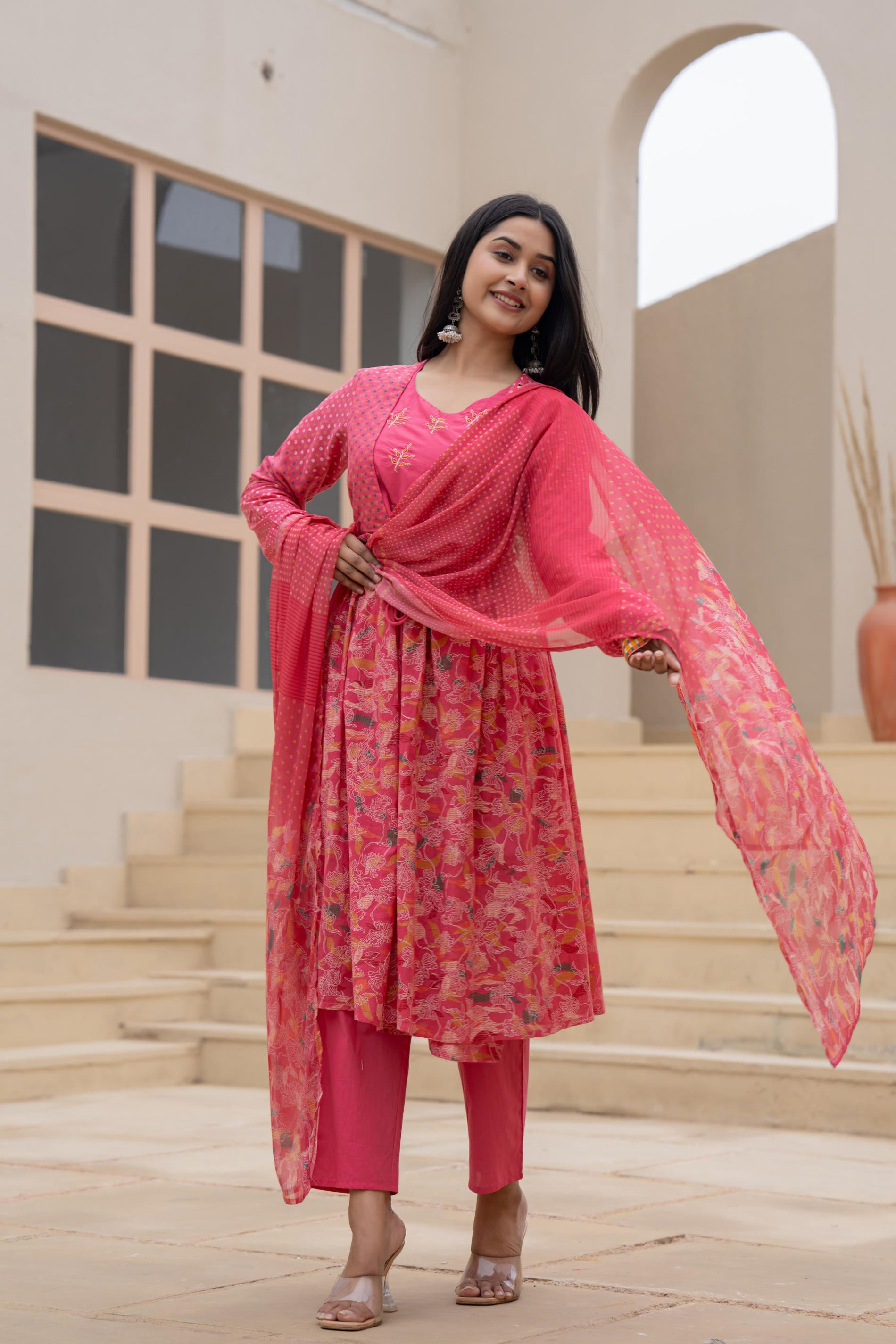 Juniper Fuchsia Embroidered & Printed Layered Dress Set with Dupatta - Distacart
