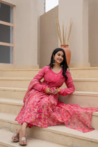 Juniper Fuchsia Embroidered & Printed Layered Dress Set with Dupatta - Distacart