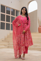 Juniper Fuchsia Embroidered & Printed Layered Dress Set with Dupatta - Distacart