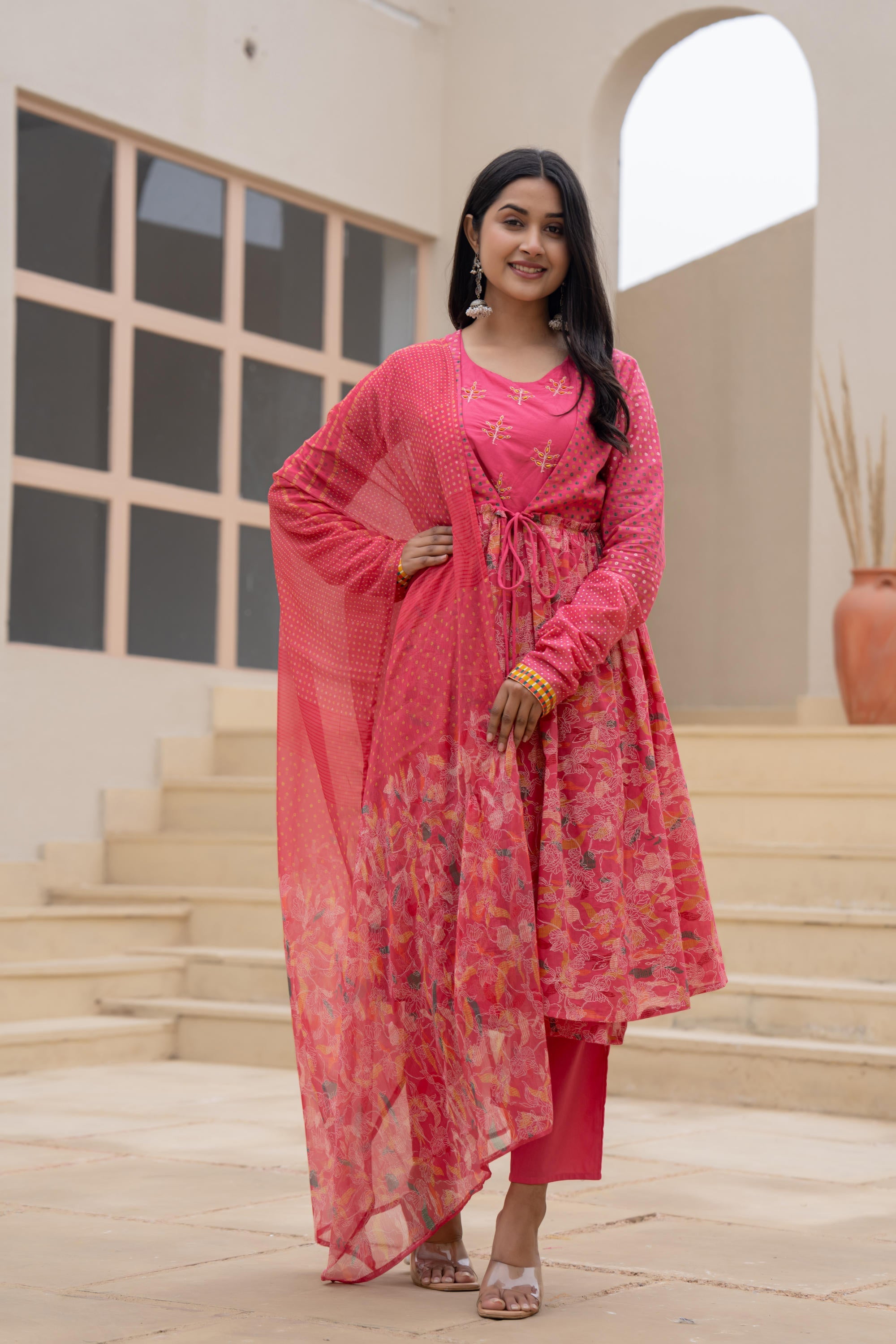 Juniper Fuchsia Embroidered & Printed Layered Dress Set with Dupatta - Distacart