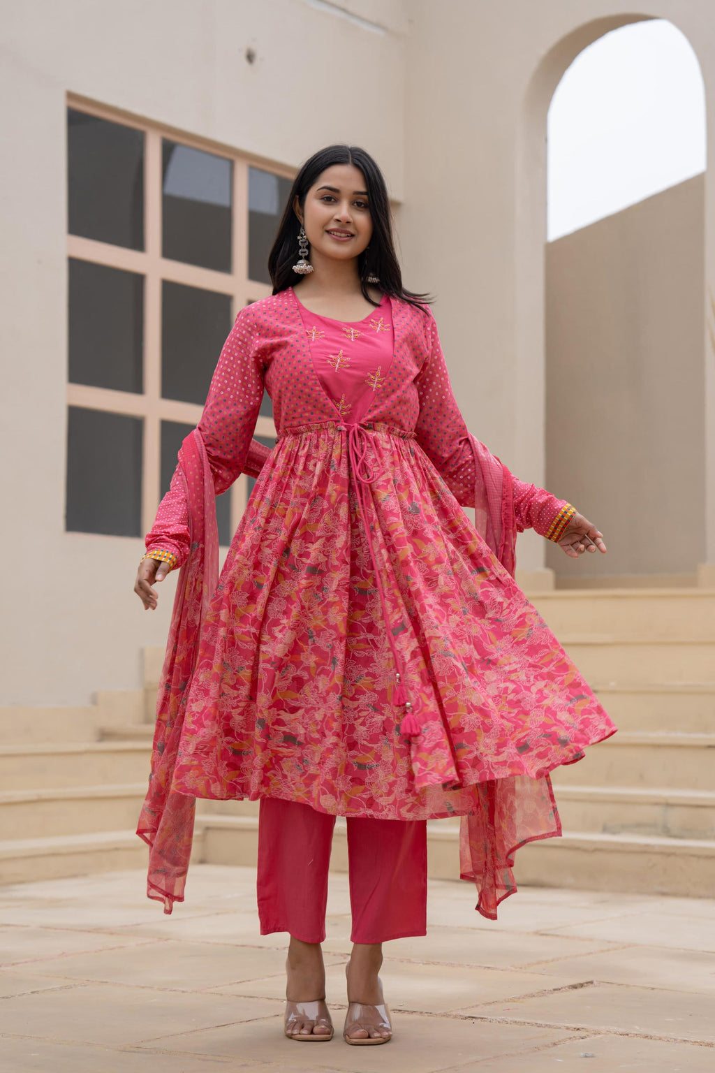 Juniper Fuchsia Embroidered & Printed Layered Dress Set with Dupatta - Distacart
