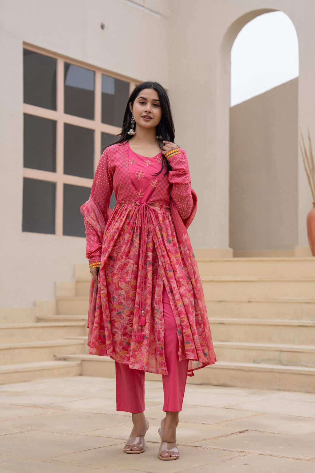 Juniper Fuchsia Embroidered & Printed Layered Dress Set with Dupatta - Distacart