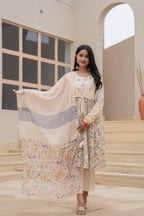 Juniper Ivory Embroidered & Printed Layered Dress Set with Dupatta - Distacart