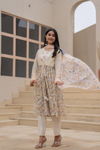 Juniper Ivory Embroidered & Printed Layered Dress Set with Dupatta - Distacart
