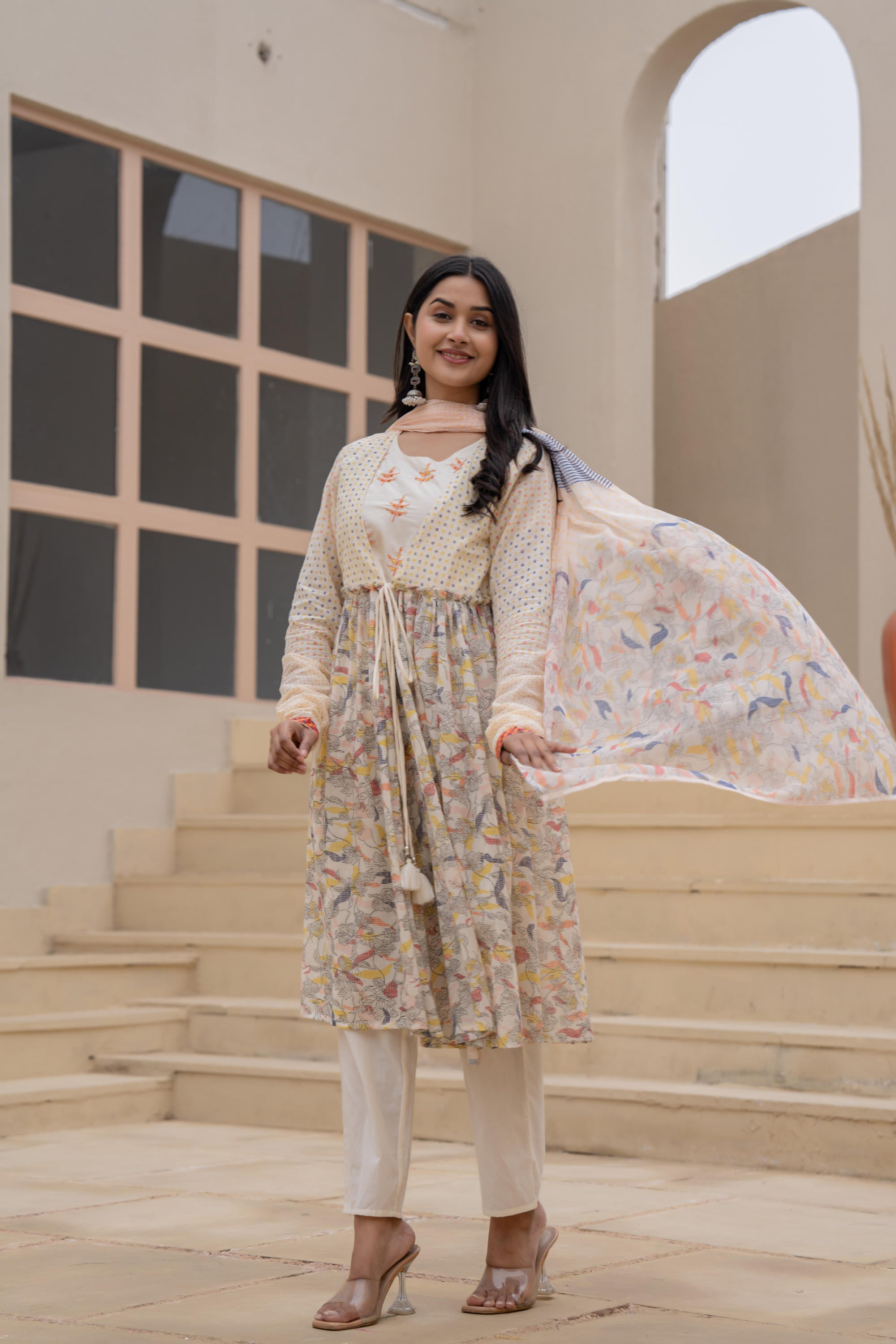 Juniper Ivory Embroidered & Printed Layered Dress Set with Dupatta - Distacart