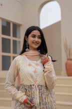 Juniper Ivory Embroidered & Printed Layered Dress Set with Dupatta - Distacart