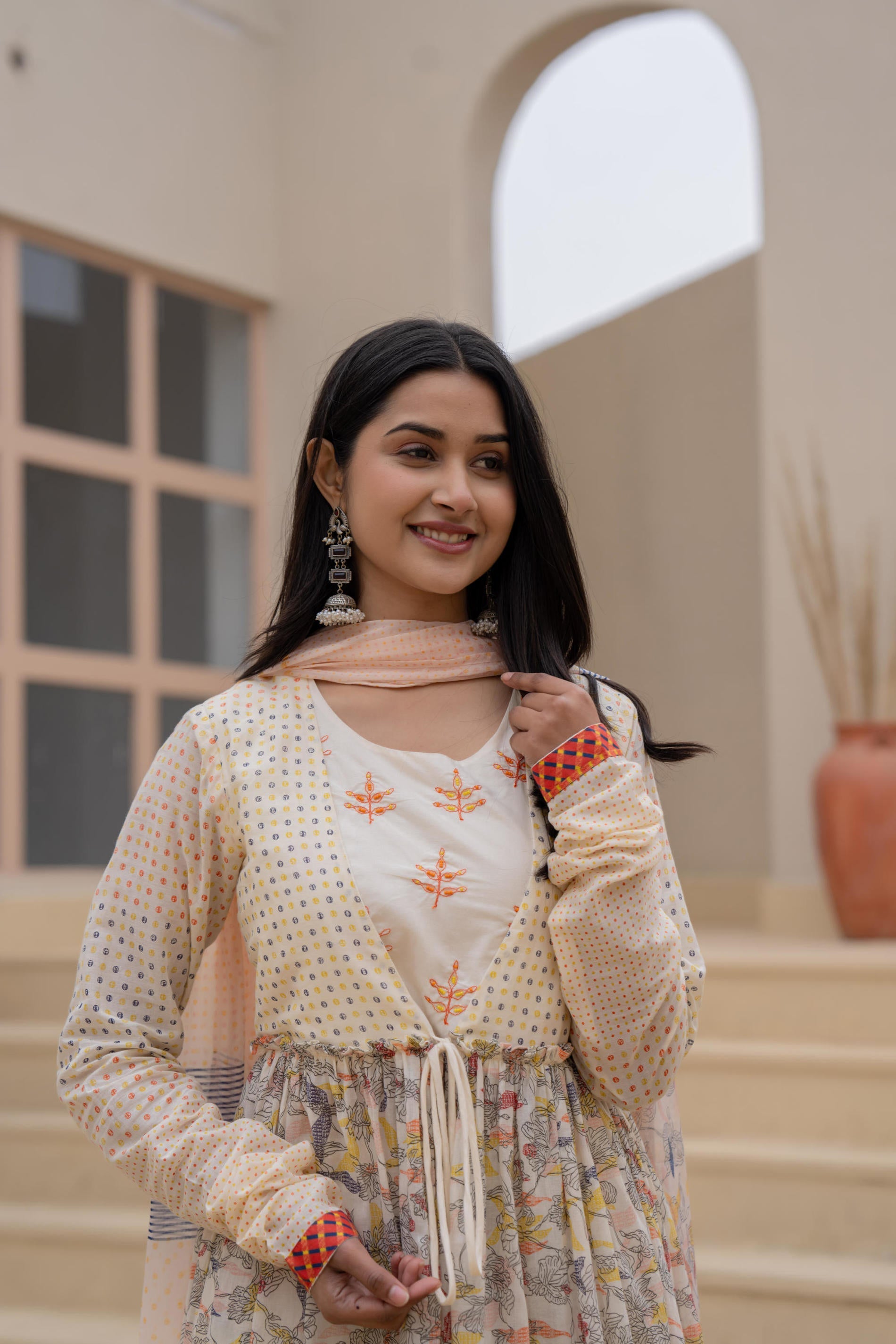 Juniper Ivory Embroidered & Printed Layered Dress Set with Dupatta - Distacart