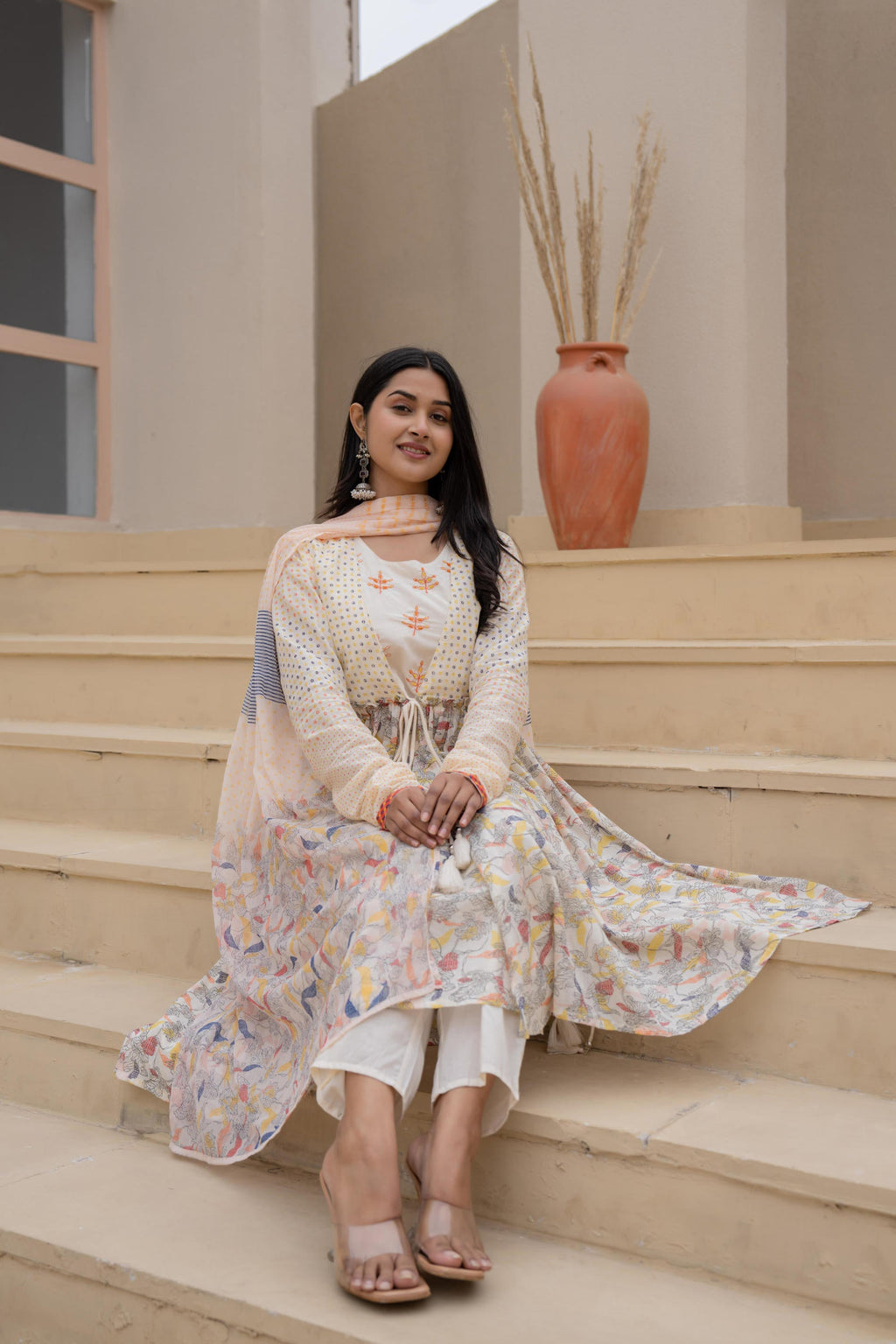 Juniper Ivory Embroidered & Printed Layered Dress Set With Dupatta - Distacart